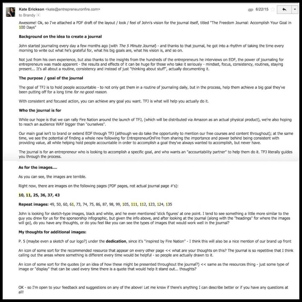 A very detailed email from Kate explaining the background for the journal, the purpose of the journal, who the journal is for, the current state of the images, what they would like for the images, and the possibility for more images than currently defined.