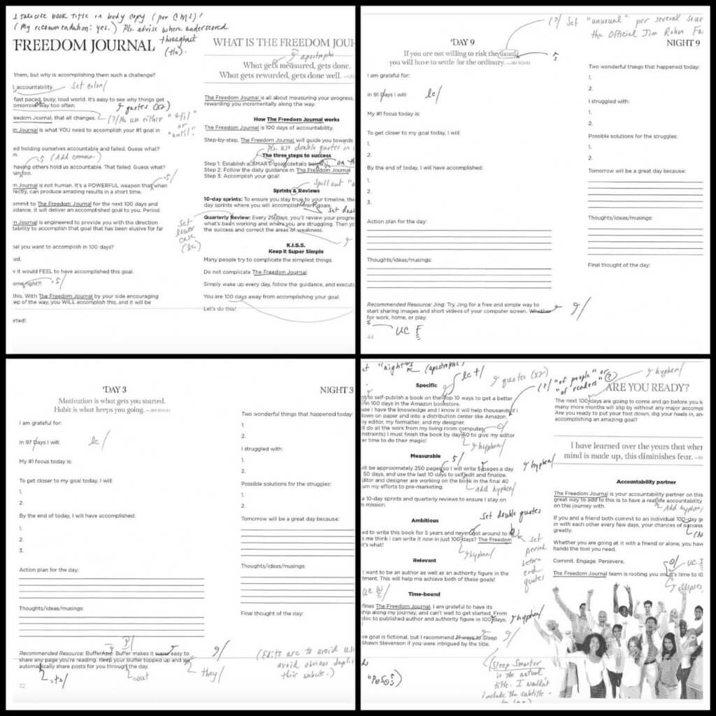 Four pages of the journal, all covered in handwritten notes with edits and suggestions.