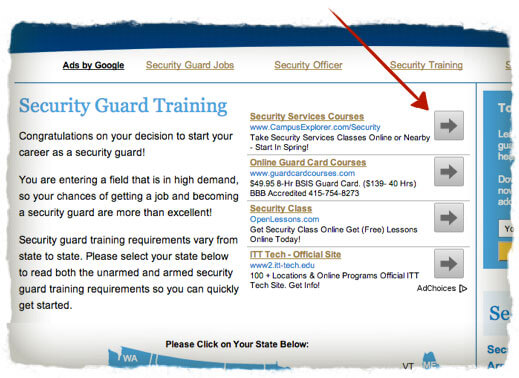 Adsense text-based ad with a prominent right arrow