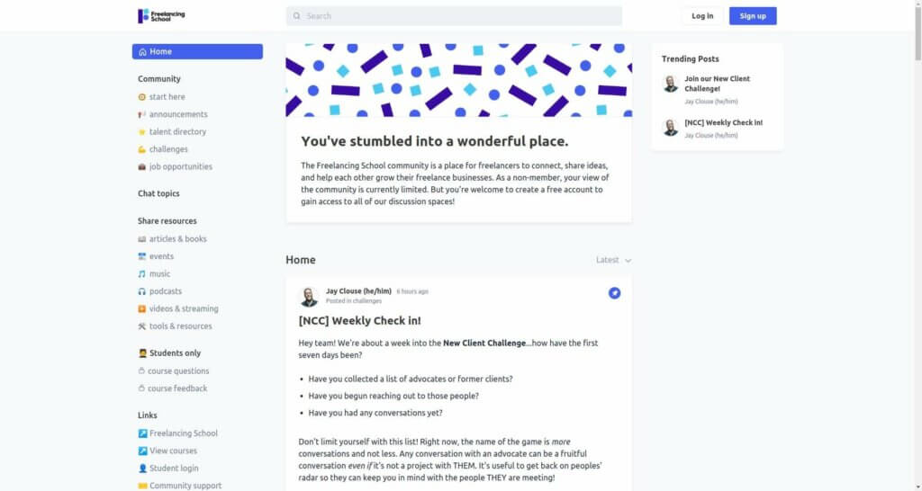 Screenshot of the Freelancing School community message boards, showing chat categories on the left-hand side and the weekly check-in in the main panel.