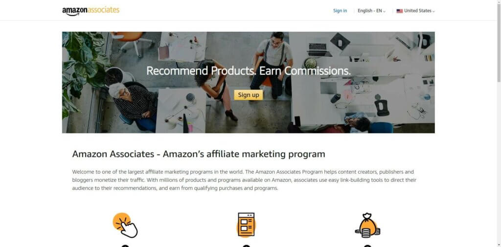 Screenshot of the Amazon Associates home page where you can sign up to get commission from Amazon products that you promote