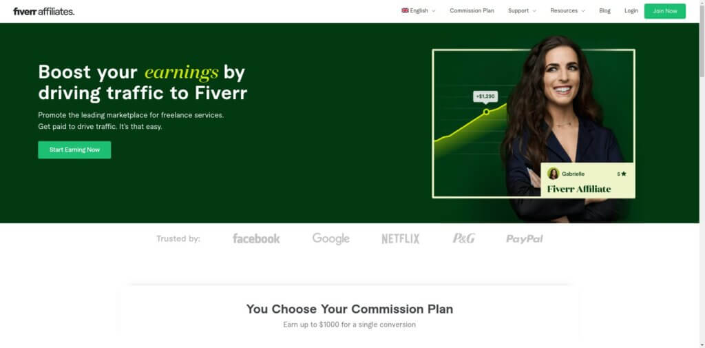 Screenshot of the Fiverr homepage, a marketplace for freelancing. They have some products worth promoting