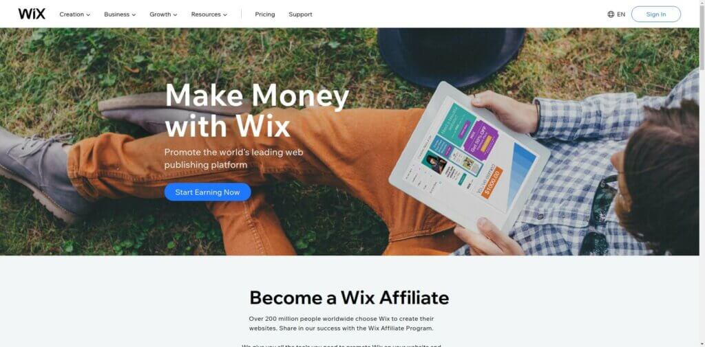 Screenshot of the Wix homepage, an easy-to-use website builder