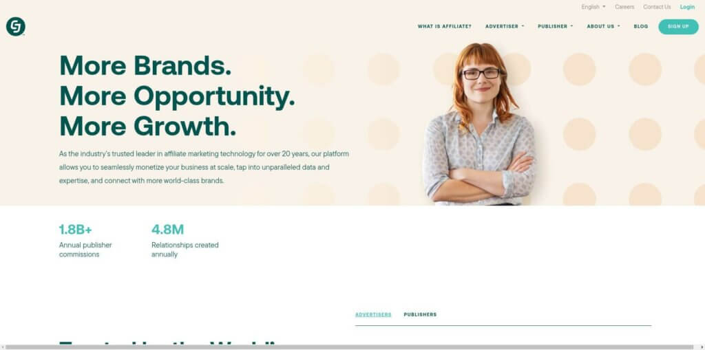 Screenshot of the CJ (formerly Commission Junction) homepage, an affiliate marketing tool for building relationships with advertisers