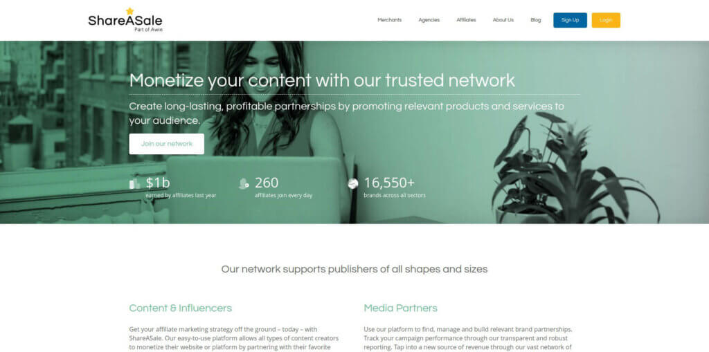 Screenshot of the ShareASale website, an affiliate marketing tool for finding brand partnerships