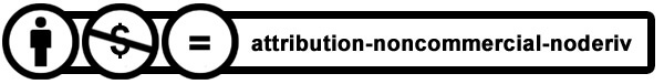 Attribution - NonCommercial - NoDeriv Attribution - NonCommercial - NoDeriv logo. Icon of a person, icon of a crossed out dollar sign, and icon of an equals sign.