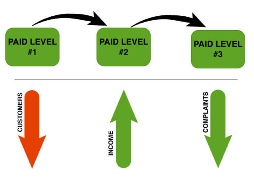 Chargify Example - WIN! Chart showing Paid Level #1 with arrow leading to Paid Level #2 and then to Paid Level #3. Customers are going down, income is going up, and complaints are going down.