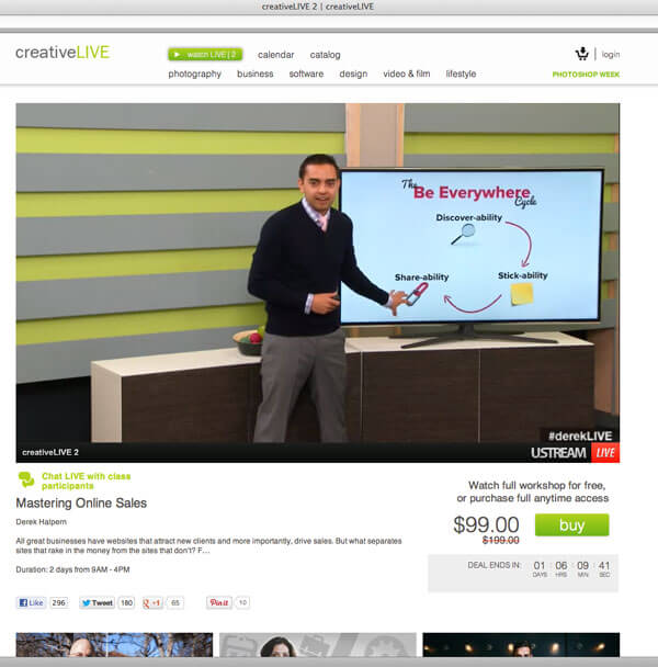 Creative Live livestream showing Pat Flynn presenting, with the ability to buy the presentation for $99.