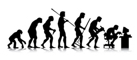 Evolution Illustration showing the evolution of ape to man, then man's evolution from athletic hunter to laborer, to hunched over computer worker