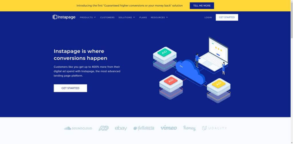 Screenshot of landing page builder Instapage. Headline reads: "Instapage is where conversions happen."