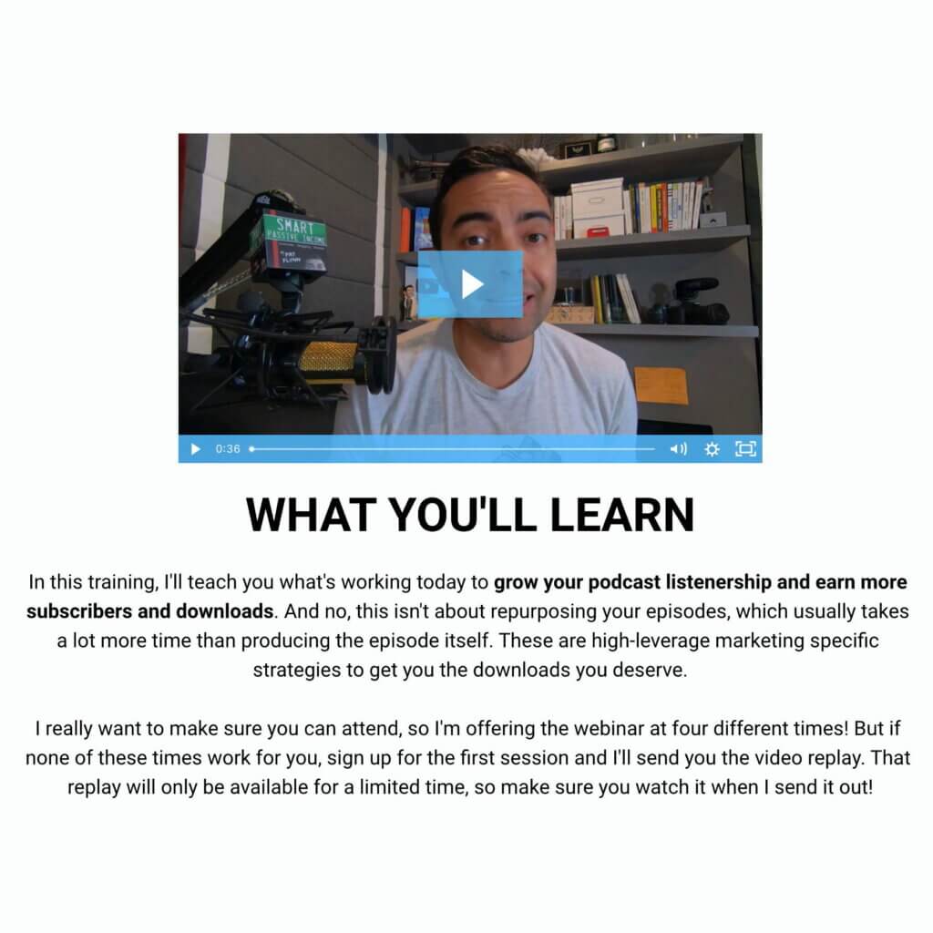 Video of Pat talking about the podcasting webinar, followed by a "What You'll Learn" section
