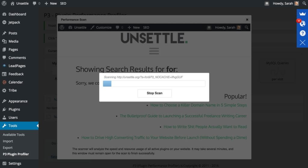 The WordPress editor back end for the Unsettle website, showing a progress bar for a site scan.