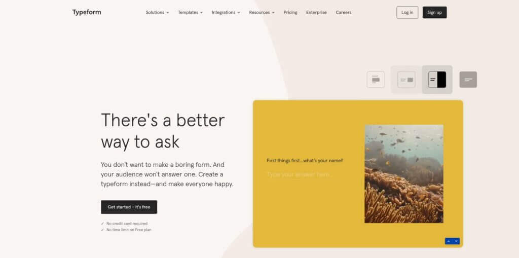 Screenshot of Typeform homepage for building surveys. Headline reads "There's a better way to ask."