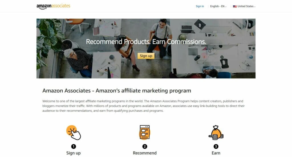 Screenshot of the Amazon Associates home page where you can sign up for the program