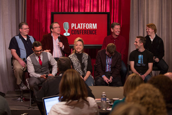 Group picture from Platform Conference 2013, with eight people on the panel. From left to right: Cliff Ravenscraft, Pat Flynn, Ken Davis, Carrie Wilkerson, Andrew Buckman, Michael Hyatt, Stu McLaren & Jeff Goins.