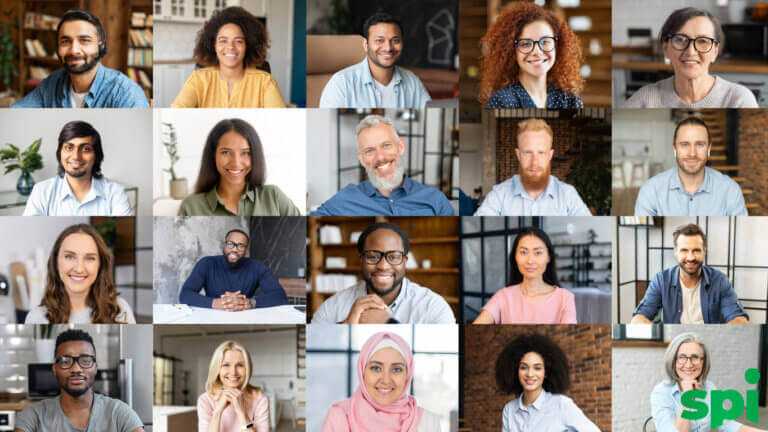 Grid image of 20 professionals in a video call