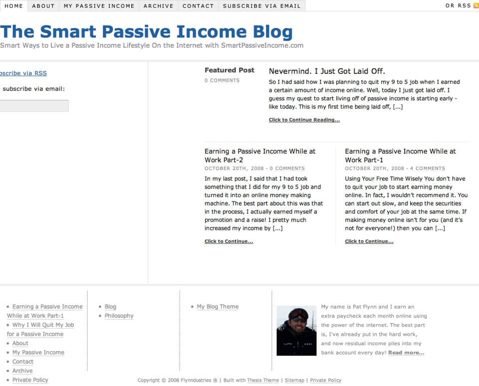 A screenshot of the Smart Passive Blog in 2008. Multiple columns of text and a picture of Pat in a ski jacket