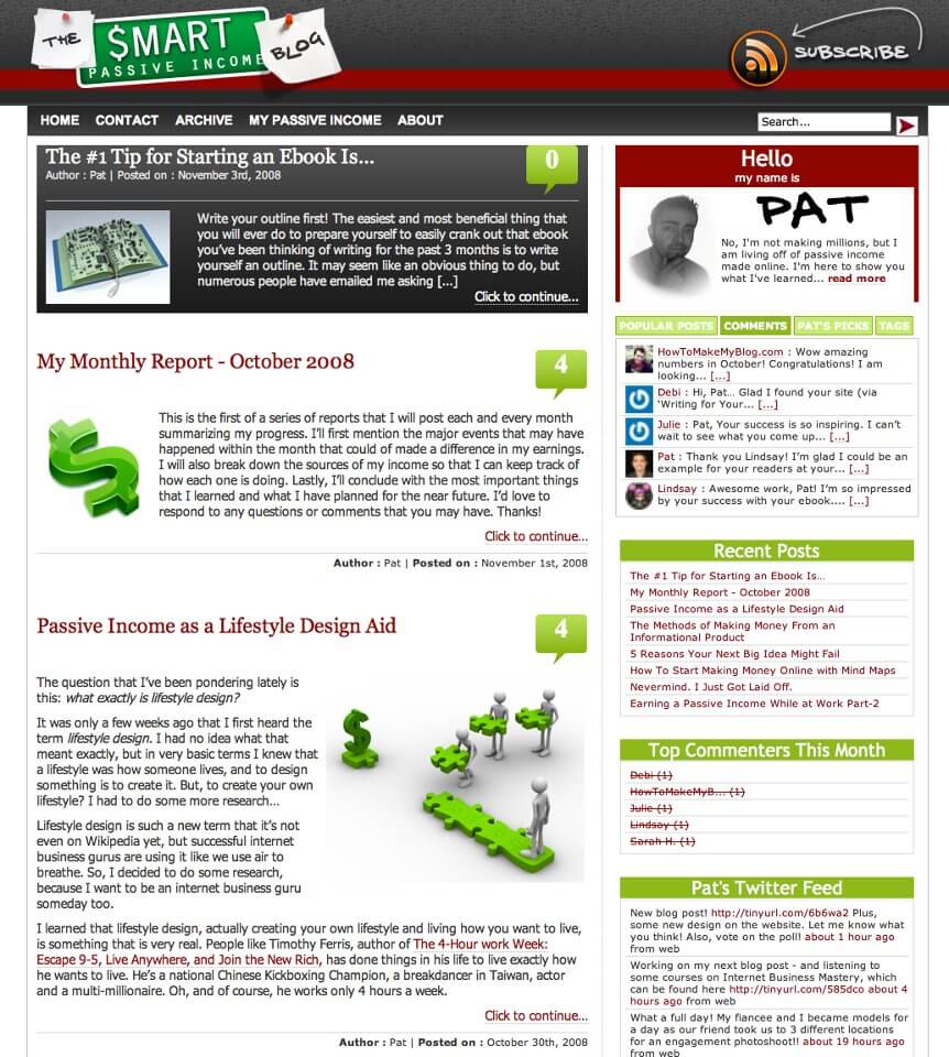 This website uses a green, red, and grey theme. The header has a gray background with a title that looks like sticky notes on either side of a green license plate that says $mart Passive Income. The whole thing reads "The Smart Passive Income Blog." Also on the grey sidebar are a horizontal red stripe and a subscribe button with the word "Subscribe."
The main body of the site is white, however the featured post at the top has a dark grey background with white text. Blog posts feature in the main panel. At the top of the right-hand sidebar is "Hello my name is Pat" with a picture of Pat. Below that are sections: a switcher between Popular Posts, Comments, Pat's picks, and Tags. Next is a list of recent posts, followed by a list of top commenters for the month, followed by Pat's Twitter feed.