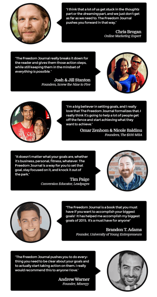 A screenshot of a tall column of testimonials. Each one has a circle headshot of the person and a 1-2 sentence statement about why the journal worked for them.