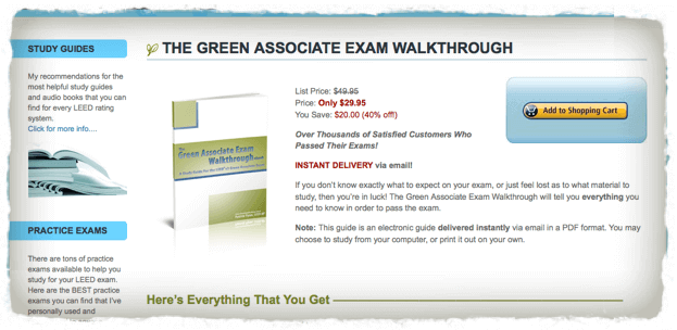 amazon-split This page is laid out with a left sidebar with features. In the main panel area, there is a left-aligned image of the PDF. In the main panel right-hand column, it begins with the List Price of $49.99 struck out, below that the Price of "Only $29.95," and "You Save: $20.00 (40% off)." Details about the guide fill the rest of the column. On the right-hand side of the page is an offset "Add to Shopping Cart" button on a blue background.
