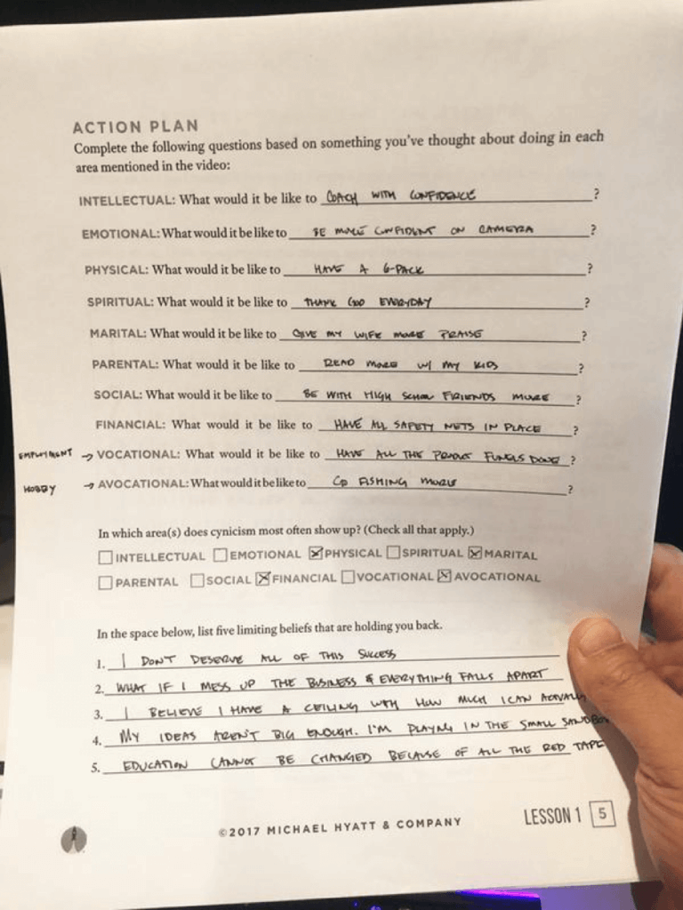 Picture of the Best Year Ever Action Plan workbook page filled out by Pat