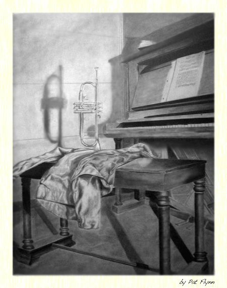 coat-desk-chair Pencil drawing of a piano with a trumpet and coat on the piano bench
