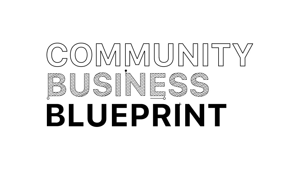 Community Business Blueprint logo where the words have measurements and markings on the letters, similar to blueprints