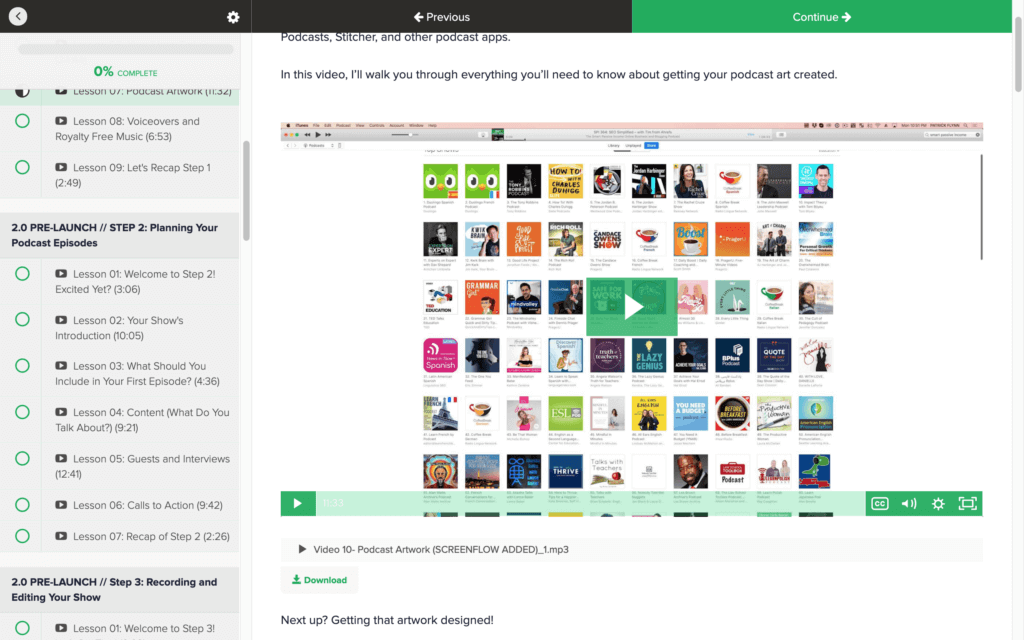 PUP course screenshot from the Teachable interface. Navigation is on the left and all content (including text, video, audio, and options to download) is on the right.