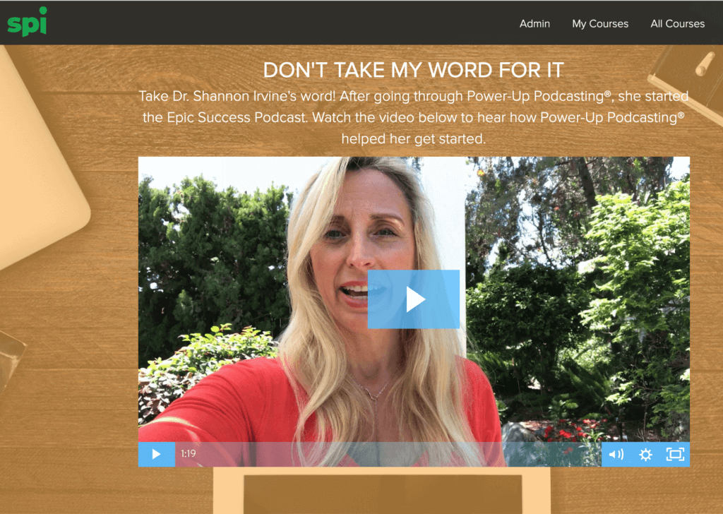 Video on the Power-Up Podcasting sales page from a past student talking about what she got from the course