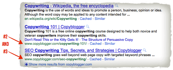 Copywriting Copyblogger Search results showing two articles from Copyblogger, "Copywriting 101" and "SEO Copywriting Tips, Secrets, and Strategies."
