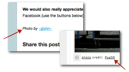 Flickr Photo Credit Flickr Photo Credit examples, one with "Photo by -jjohn-" (with the user name hyperlinked) and one in the image caption, with the user name hyperlinked