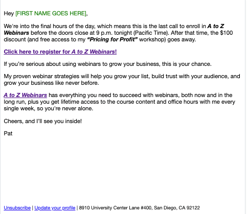 This email is short and focuses on the 9:00 PM deadline for the course sale. It includes two links back to the course.
