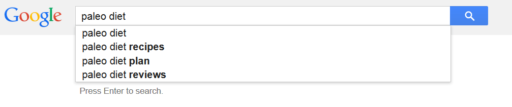 Google suggests "paleo diet recipes," "paleo diet plan," and "paleo diet reviews."