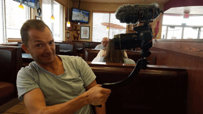 Jase SwitchPod test, holding the prototype out in handheld/video blogger mode with a large SLR and microphone attached