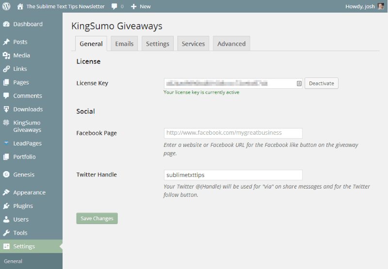 KingSumo Settings panel in WordPress has five tabs: General, Emails, Settings, Services, Advanced.
On the General tab, there is a place to enter or to deactivate a license key, a place to enter a Facebook page and a Twitter handle, and then a Save Changes button.
