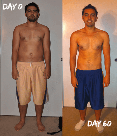 o-to-60 A before and after picture of Pat in basketball shorts. He has lost weight and has more defined muscles.