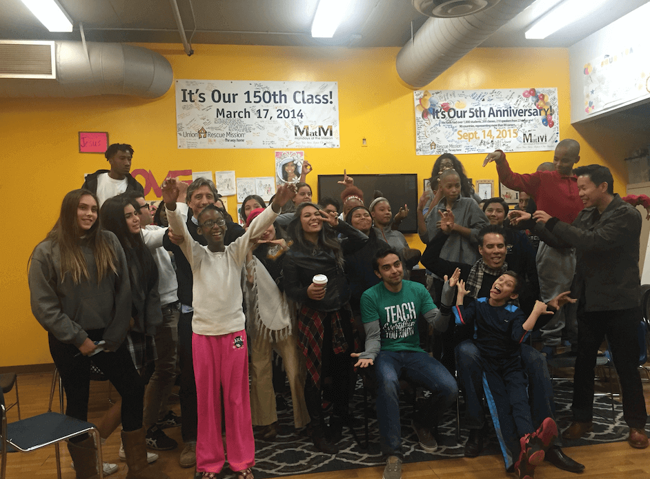 A group photo with about 30 kids and Pat at Union Rescue Mission