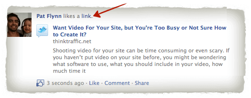 Screenshot of Facebook showing "Pat Flynn likes a link," with a preview of the post.