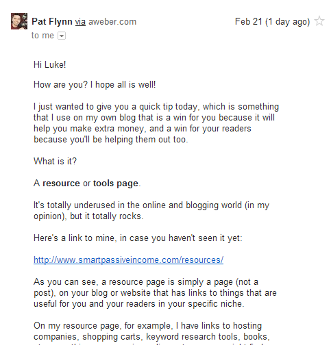 Screenshot of an email from Pat that opens like an email from someone the reader knows.
"Hi Luke!
How are you? I hope all is well!..."