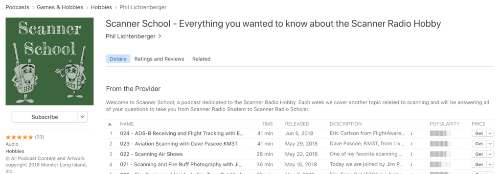 The Scanner School podcast page on Apple Podcasts. This show is in the Hobbies category. The logo has two cartoon scanner radios with faces talking to each other.