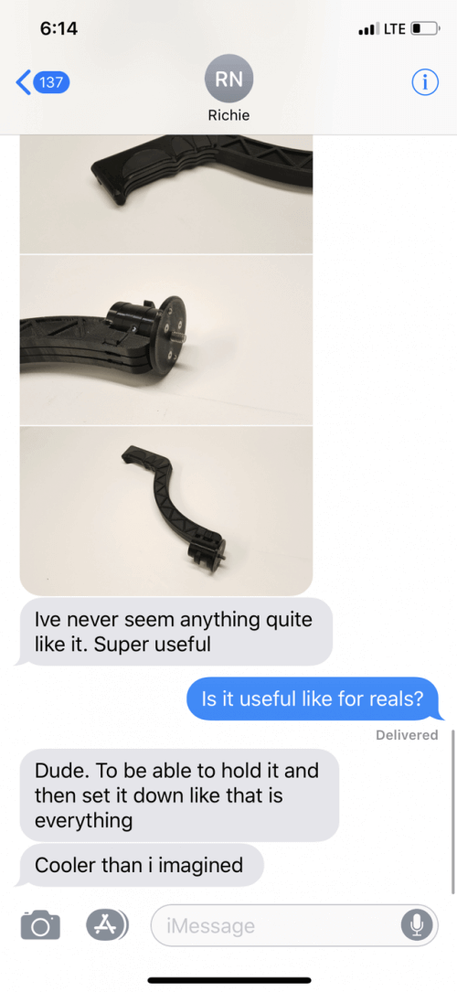 Richie Pat text SwitchPod:
R: I've never seem [sic] anything quite like it. Super useful

P: Is it useful like for reals?

R: Dude. To be able to hold it and then set it down like that is everything. Cooler than I imagined.