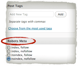 robots-meta Screenshot of WordPress back end sectioned Robots Meta. The radio dial options are "index, follow," "index, no follow," "no index, follow," and "no index, no follow."
