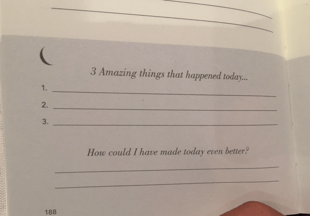 Picture of the journal. It reads "3 Amazing things that happened today..." with room to fill in three items.
"How could I have made today even better?" with room to fill in a response.