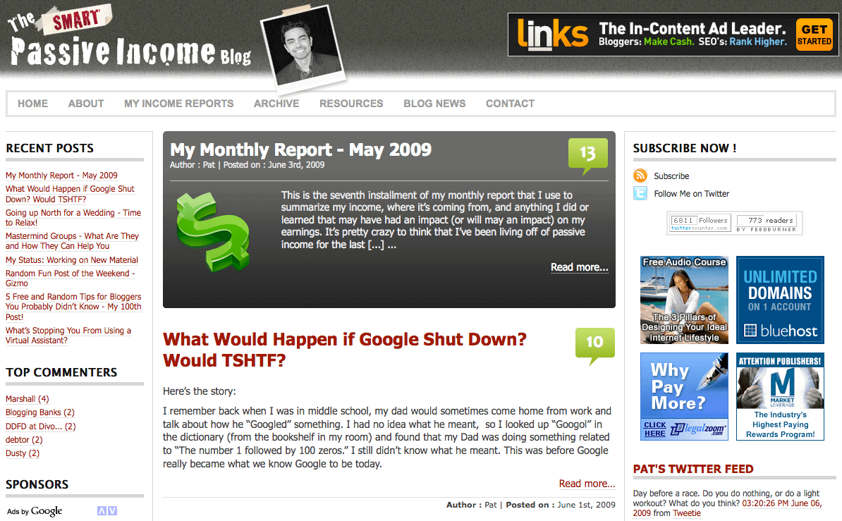Dark grey header bar with "The SMART Passive Income Blog" at the top, next to a Polaroid-type photo of Pat. On the right-hand of the header bar is a banner ad for "Links The In-Content Ad Leader."
The menu bar stretches underneath the header. The sidebar is on the left-hand side, with a list of recent posts, top commenters, and sponsors. The main content section has a featured post at the top in a grey background. Below that are other posts. The right-hand sidebar has "Subscribe Now" at the top, with icons for RSS and for Twitter. A counter box tells the current number of Followers and Readers: 6911 and 773. Underneath that is a 2 x 2 grid of ads,