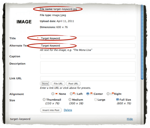 Target Keyword in Filename File metadata. Use the target keyword in the file name, in the image title, and in the alternative text