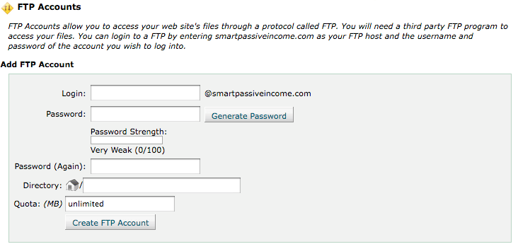 website-designer-access-account-creation Add FTP account form, asking for login, password, directory, and quota (MB)