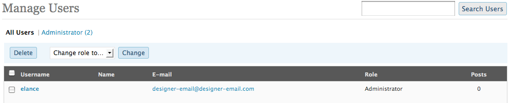 website-designer-wordpress-access WordPress Manage Users interface, showing username, name, email, user role, and number of posts created