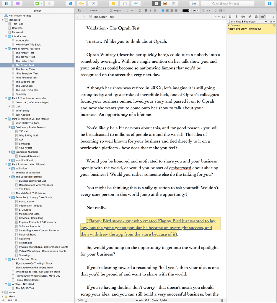Image shows the writing platform with an extensive outline in the left-hand column.
