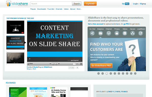 SlideShare Top Presentation Slideshare homepage with Gregory's presentation, Content Marketing of Slideshare, featured in the top presentations of the day.