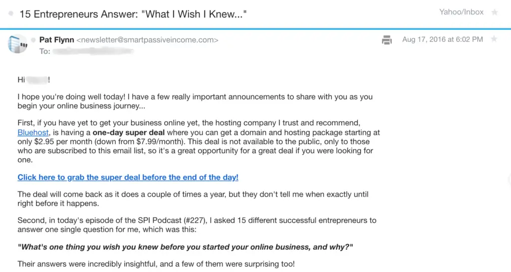2016 email from SPI/Pat that leads with an announcement about a one-day deal Bluehost was running for a domain and hosting package.